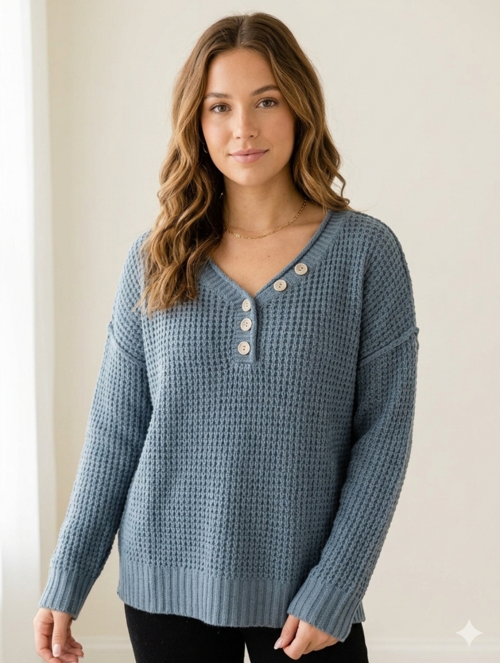 SHEIN Dusty Blue Waffle Knit Henley Button Sweater - Women’s Size Medium
